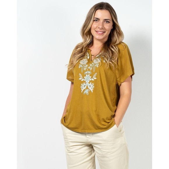 J.Jill | Floral Embroidered Flowy Yellow Gold Ruffle Collar Tee Medium Boho - Picture 1 of 10